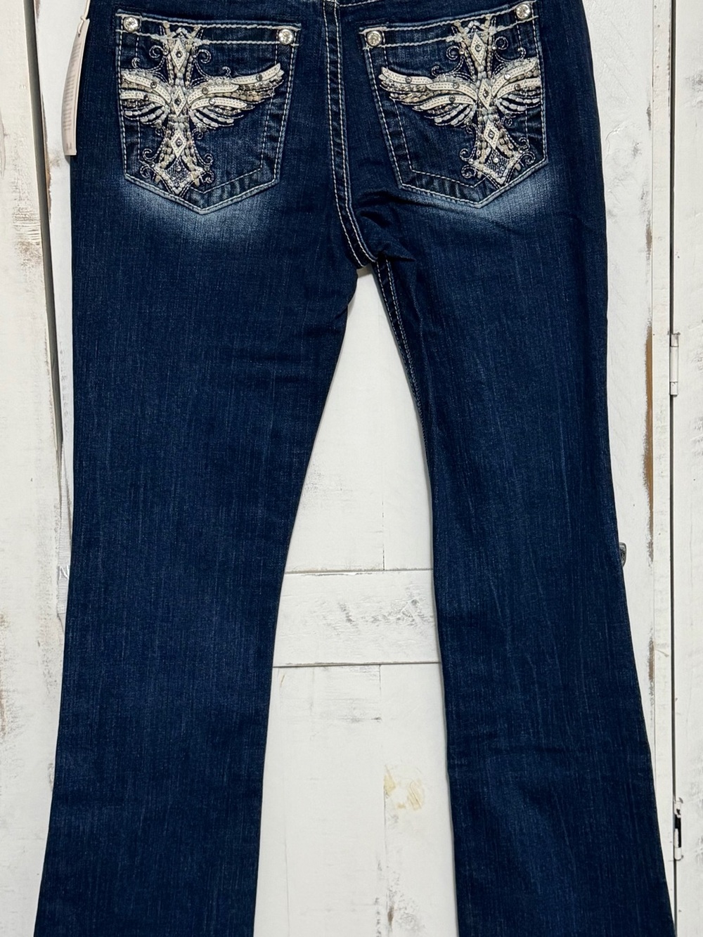 Miss Me Dark Blue Embroidered Back-Pocket Flare Jeans